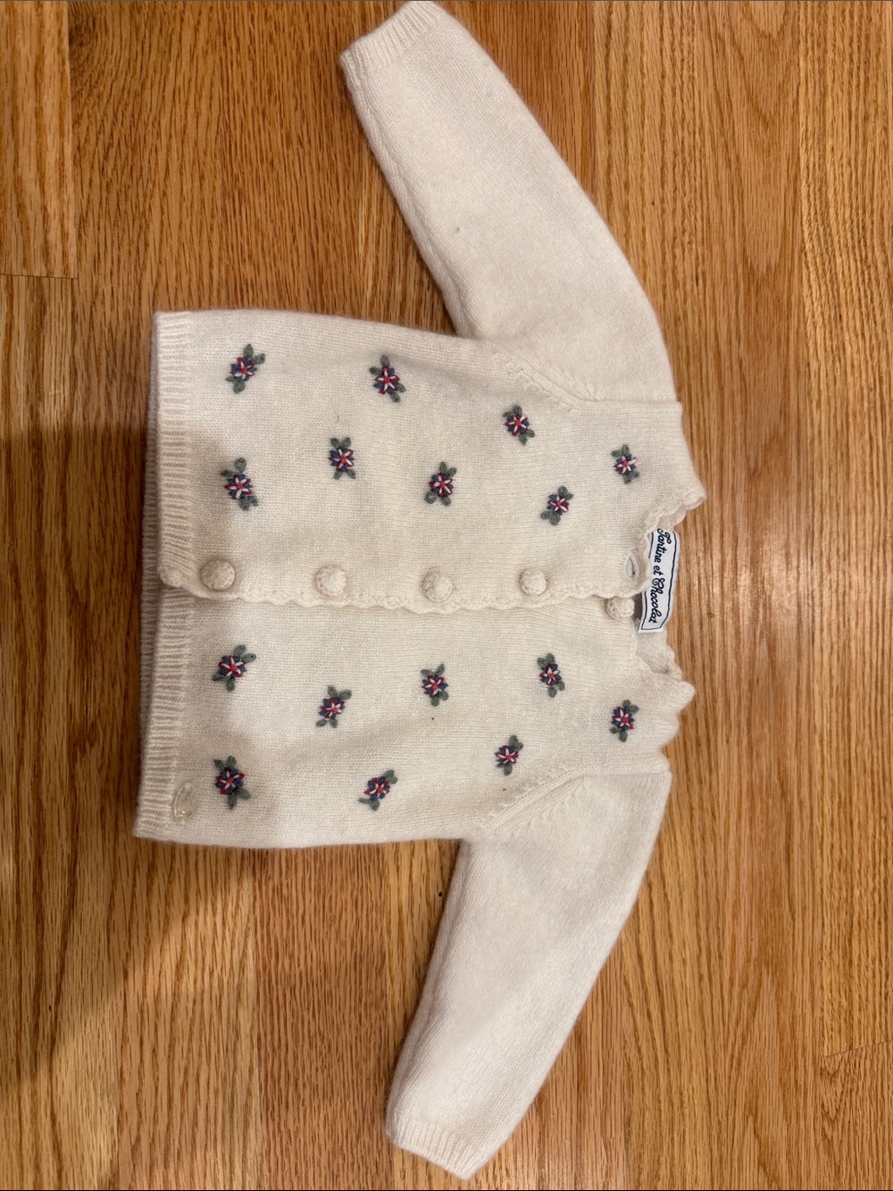 Tartine et Chocolat Cream Knit Cardigan with Pink & Navy Floral Embroidery